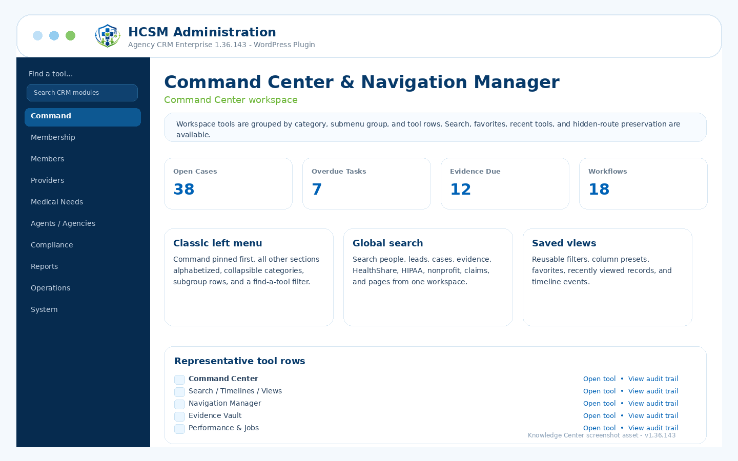 HCSM command center and navigation screenshot HCSM command center and navigation screenshot