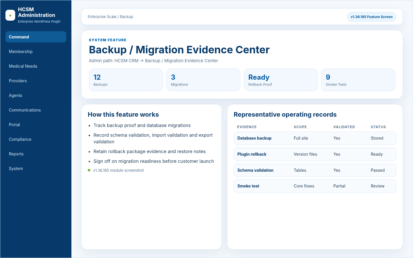 Backup / Migration Evidence Center